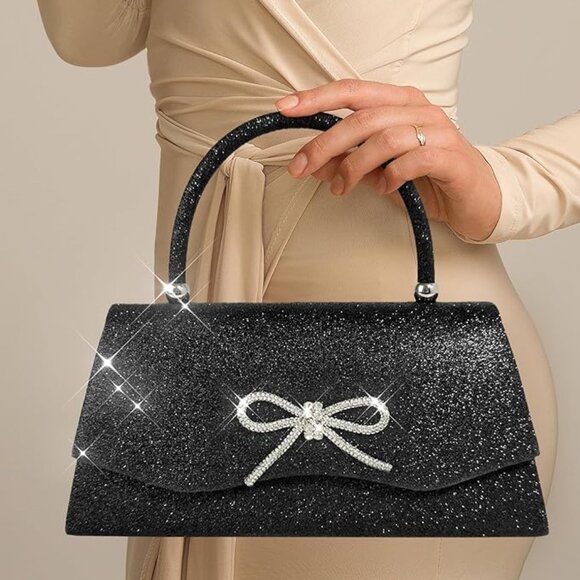Neiman Marcus Sparkly Long Bow Black Elegant Rhinestone Evening Purse